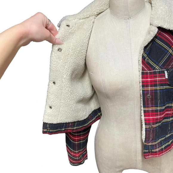 Levi's Ex-Boyfriend Tartan Plaid Corduroy Cropped Sherpa Jacket Size Small - Picture 9 of 16